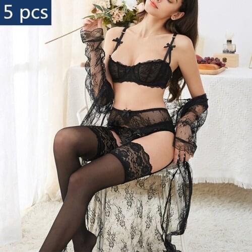 Women Sexy Lingerie Lace Bra Set Underwear Panty Bandage Set Erotic Intimates G-string Transparent Bralette Dress Bra Briefs Set