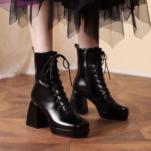 2021 Fashion Square Toe Platform Women Boots Pu Leather Chunky High Heel Ankle Boots Autumn Winter Lacing Woman Boots Shoes 39
