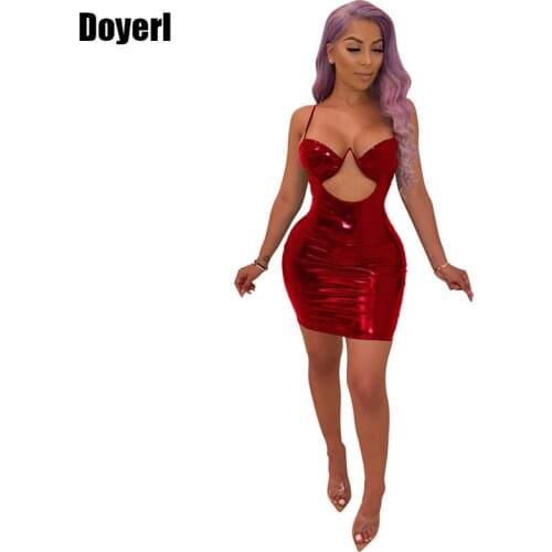 2020 Night Club Party Sexy Women Red Leather Dress Strap Wet Look Dress Hollow Out Front Strapless Clubwear Bodycon Mini Dresses