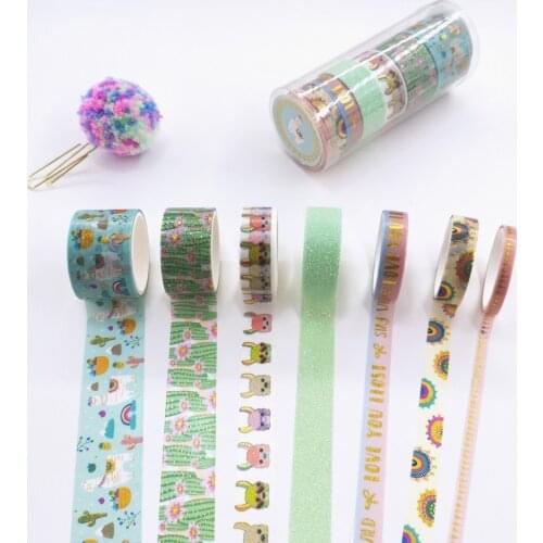7pcs/set Golden Foil Washi Tape Cute alpaca and Cactus Adhesive Masking Tape Japanese Sticker Scrapbooking Stationery