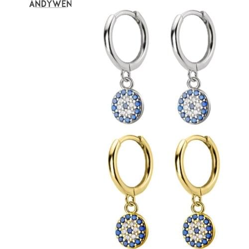 ANDYWEN 925 Sterling Silver Round Luxury Gold Blue Eye Drop Earring High Quality Round CZ Zircon Luxury Evil Earring Jewelry