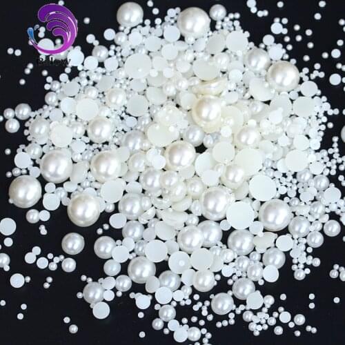 300pcs Mixed Sizes White Resin Half Round Pearls White Flatback Pearls Half Round Beads for Nail Art DIY Decoration B1180