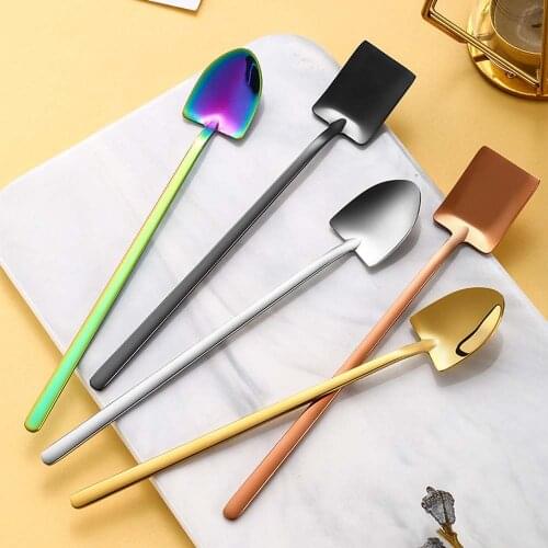 Long Handle Ice Cream Coffee Dessert Spoons Stainless Steel Spade Shovel Spoons Creative Teaspoons For Kitchen Tablewares