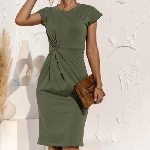 Elegant Women Sundress Short-sleeved Slim Base Bottoming Mid-length Kink Dress for Summer party wear Black xl Womens Clothing