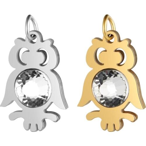 Fnixtar 5pcs/lot Stainless Steel 13*22mm Owl Charms With Clear CZ Metal Animal Lovely Charm Pendants DIY Jewelry Accessories