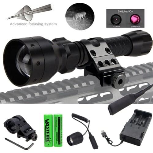 T50 Zoomable Infrared Flashlight Hunting Torch 850nm IR Night Vision illuminator+Rifle Scope Mount+Switch+2*18650+USB Charger