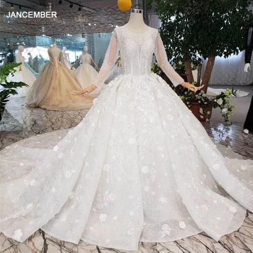 HTL256 heavy handmade wedding dresses illusion o-neck long tulle sleeves 3D flowers corset wedding gown with train 2020 fashion