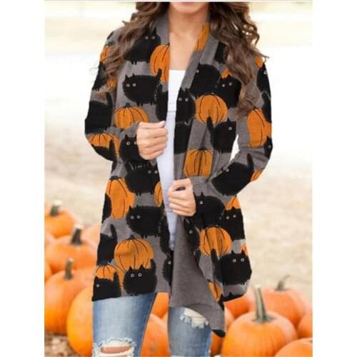 Halloween Skull Pumpkin Print Long Sleeve Cardigans Autumn Winter Casual Open Stitch Long Tops Ladies Elegant Plus Size Cardigan