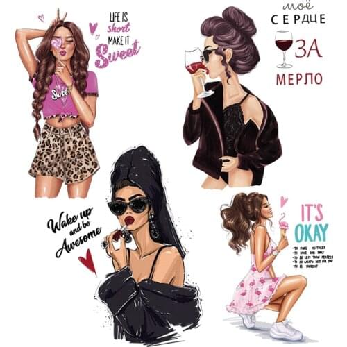 Beautiful Girl Iron On Transfer Patches Stickers For Clothes DIY Iron Transfer Stripes Patches On Woman Clothes Applique Parch