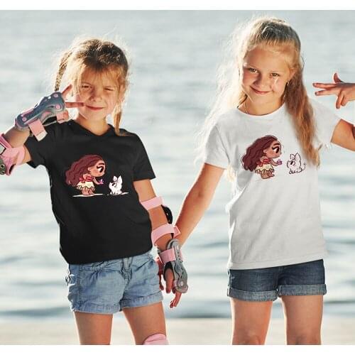 Summer Kawaii Princess Moana and Pet Pigs Funny Cartoon T-shirt Kids Harajuku T Shirt Graphic Black Tshirt Anime Children Tops