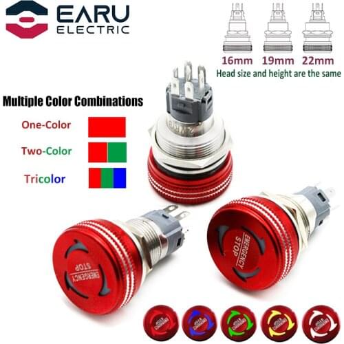16/19/22MM Mushroom Metal Emergency Stop Push Button Switch Triple Dual Color RGB LED Light Rotary Power Switch 5V 12V 24V 220V