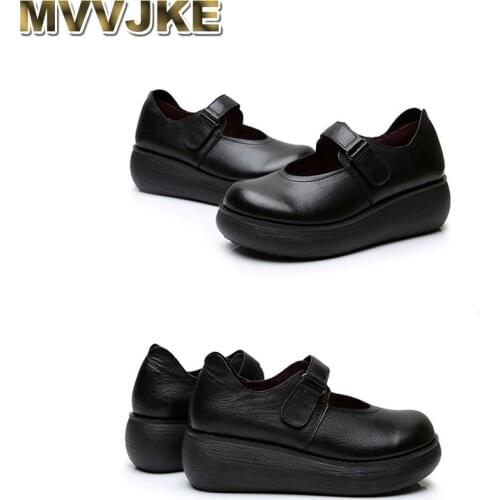 MVVJKE Womens Platform Shoes For Women Genuine Leather Footwear Woman Vintage Soft Comfort Wedges Breathable Pumps
