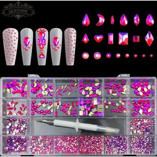 Mixed AB Glass Crystal Diamond In Grids 14 Shape And SS4-SS20 Flatback Nail Art Rhinestone Set With 1 Pick Up Pen