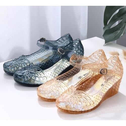 Wedge Heel Sandals Summer New Korean Fashion Beach Non-slip Casual Shoes Womens Hole Buckle Jelly Transparent Crystal Sandals