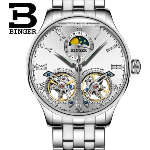 Switzerland men Watches BINGER Skeleton Automatic Watch men Self-Wind Luxury Mechanical Wristwatch relogio masculino White