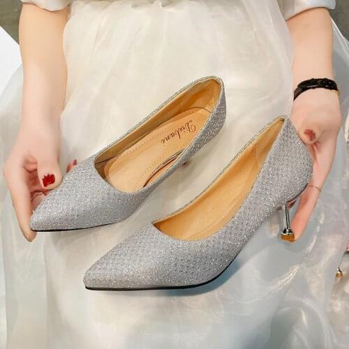 Spring Autumn Women Wedding Shoes Bling Pumps Sequined Cloth High Heels Dress Shoes Thin Heeled Ladies Boat Shoes Silver