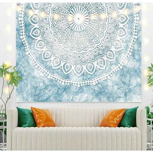 Sky Blue Mandala Flower Printing Tapestry Vintage Exotic Summer Plant Nature Frame for Bedroom Photography Wall Decor