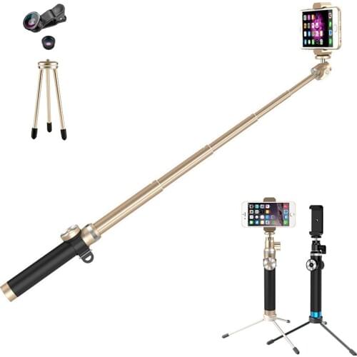 Aluminum alloy 212-912mm foldable and extendable bluetooth selfie stick with 3 in 1 lens portable monopod for iphone and android