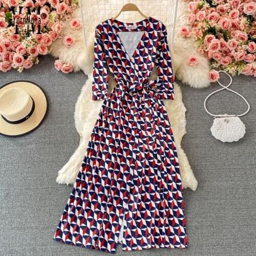 YornMona Vintage Three Quarter Sleeve Floral Dress Women Spring Autumn Long Maxi Dress Geometric Print Wrap Dress Robe Femme