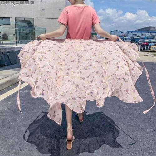 Kawaii Chic Summer Women Skirts Adjustable Bandage Waist Beach Faldas Elegant Lace Up Ruffles Chiffon Floral Print Skirt Female