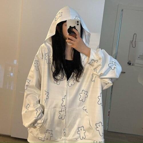 2021 New Summer Women jacket Korean Fashion style UPF clothes Cute cartoon print Hooded Loose Casual female zip-up hoodies