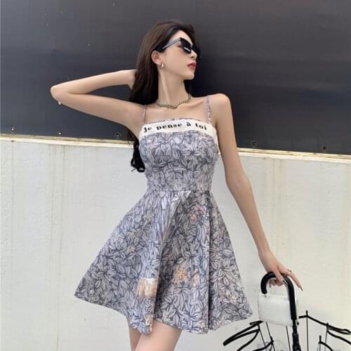 Spaghetti Strap Dresses for Women Summer Camisole Off Shoulder Print A-line Short Dress Backless Sexy Style Club Female Clothes