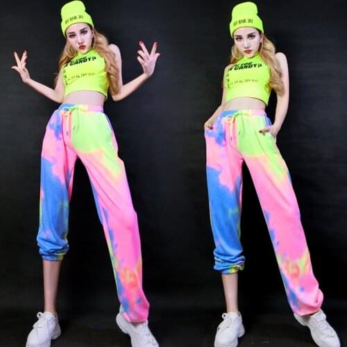 Womens Dance Costume Jazz Performance Clothes Hip-Hop Street Dance Fluorescent Color Sports And Leisure Suit Rave Clothes SL4011
