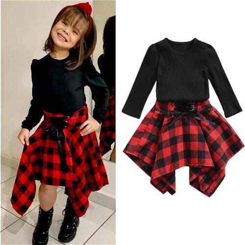 Toddler 2Pcs Baby Girls 2Pcs Long Sleeve O-Neck Black T-Shirt Tops Red Plaid Skirt Outfit Sets New Fashion Suit 0-5T