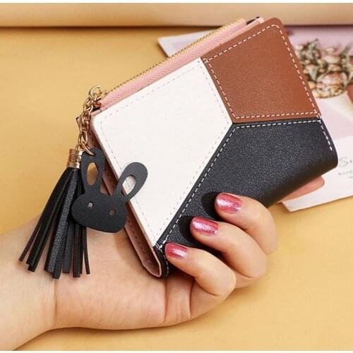 50% Dropshipping!!Faux leather tassel zipper closed compartment color block card holder credit card wallet