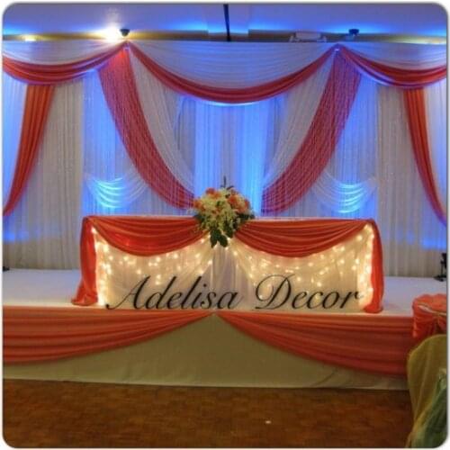 Pure White Wedding Backdrop with hot red swags Stage Decoration