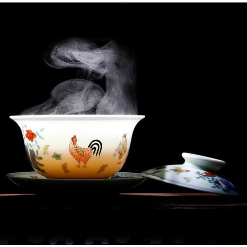 Colorful Antique Ceramic Chicken Gaiwan Kungfu Tea Set Color Daming Chenghua Chicken Cylinder Cup Tea Tureen Tea Cup