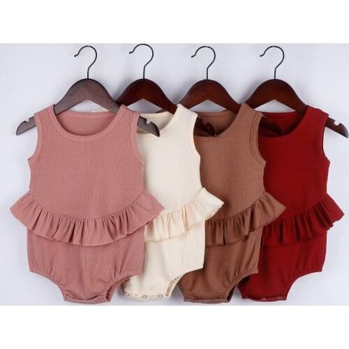 Newest Summer Toddler Baby Girls Cotton Rompers Kids Casual Solid Knitted Ruffle Sleeveless Jumpsuits Outfits Sunsuit Clothes