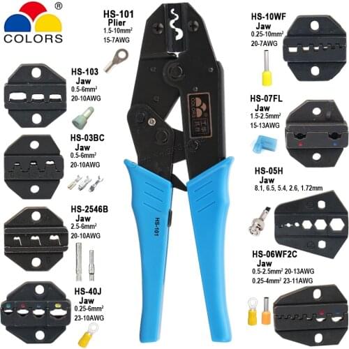 HS-101 Crimping Plier 1.5-10mm2 Non-Insulated Terminals OT UT RNB SNB Ratchet Clamp Pliers 15-7AWG Jaw Set Crimping Hand Tools