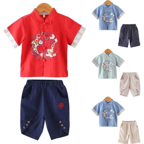 China Embroidery #7 Summer Cotton Traditional Chinese Clothing for Kids Shirts Carp Vintage New Year Clothes Kung Fu Hanfu Men