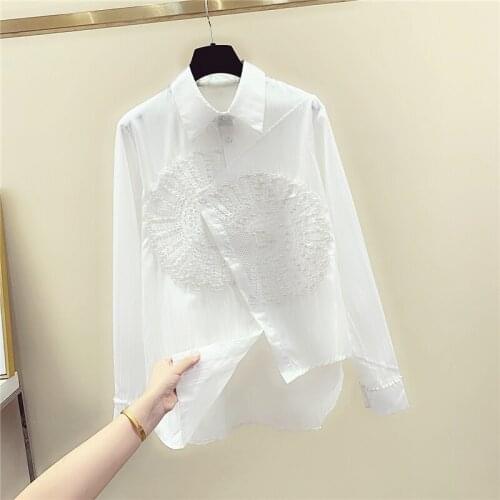 Lace Patchwork Beaded Women Shirts 2021 Summer New Irregular Office Lady White Shirts Long-Sleeved Elegant Tops Top Quality