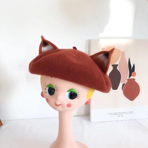 Womens hat handmade fox ear beret hat girl autumn and winter woolen woolen painter hat outdoor warm beanie hat wholesale