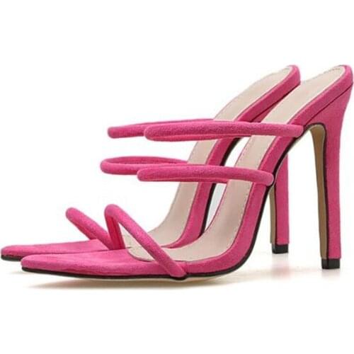 Fashion 2020 Summer Womens Sandals Pointed Toe Flock 11.5CM Thin Heels High heels Slip On sandal for women shoes size 35-42