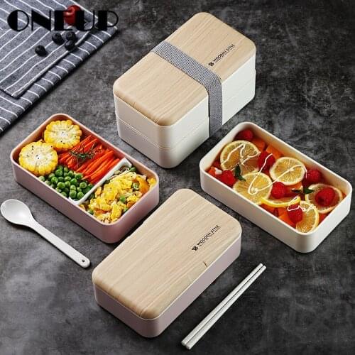 ONEUP PP Microwave Lunch Box Double Layer Wooden Bento Box For Kids Salad Fruit Food Storage Container With Movable Compartments