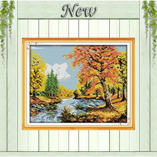Autumn Scenery,11CT print on the fabric DMC 14CT Cross Stitch kits,all embroidery needlework Sets,stream Scenic Home Decoration