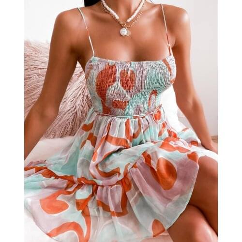 Puloru Summer Sleeveless Colorful Printed Beach Dress Boho Women Spaghetti Straps Chest Wrapped Sundress Vacation Mini A-Line