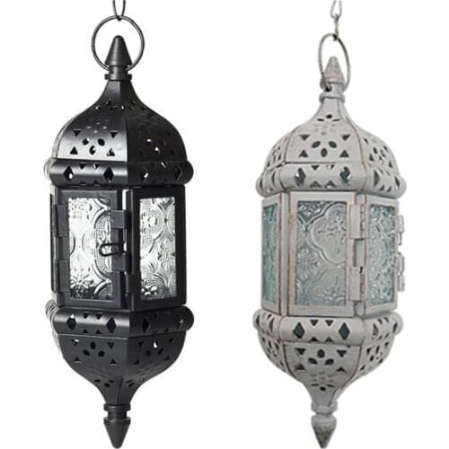 Hanging Candle Lantern Retro Moroccan Candle Holder Hollow Metal Glass