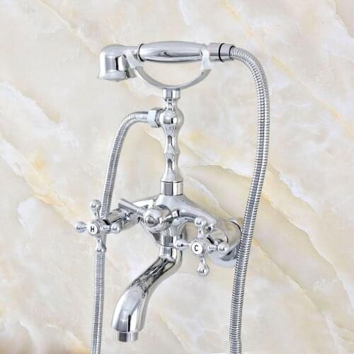 3-3/8" Polished Chrome Wall Mounted Dual Cross Handles Bathroom Tub Faucet with Hand Held Shower Sprayer Nqg408