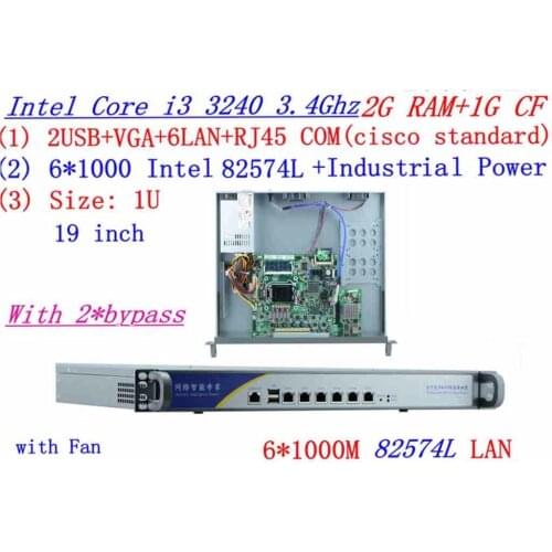 Industrial 1U firewall server router 2G RAM 1G CF 2*bypass with 6*1000M INTEL 82574L Gigabit I3 3240 3.4Ghz Mikrotik PFSense ROS