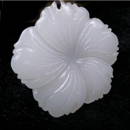 Drop shipping XinJiang White Jade Hibiscus Flower Pendant Necklace Jade Stone Amulet Necklace With Chain For Men Women