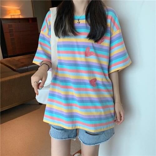 Rainbow Stripe Love Print Loose T-Shirt Women O Neck Short Sleeve Casual Girls Japanese New Fashion Summer Harajuku Style Tshirt