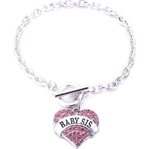 Rhodium plated with sparkling crystals BABY SIS heart pendant bracelet