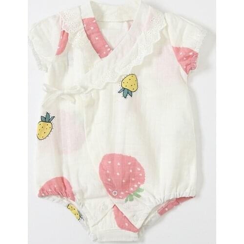 Cute Strawberry Print Baby Bodysuit 2021 Summer Lace Short Sleeve Romper for Girls Newborn Baby Girl Causal Clothes 0-24M