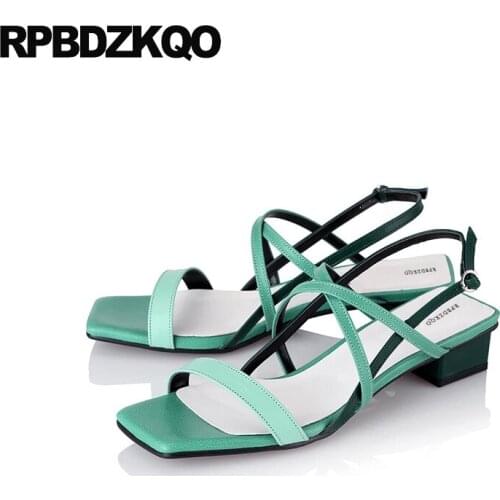 Slingback Gladiator Genuine Leather Designer Sandals Women Luxury 2018 Cage Low Heel Shoes Square Strap Green Thick Roman Chunky
