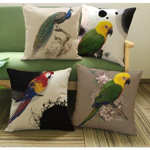 High Quality Parrot Birds Decorative Pillows for Sofa Cotton Linen Home Decor Cushion Cover Modern Pillow Case 45x45cm Peacock