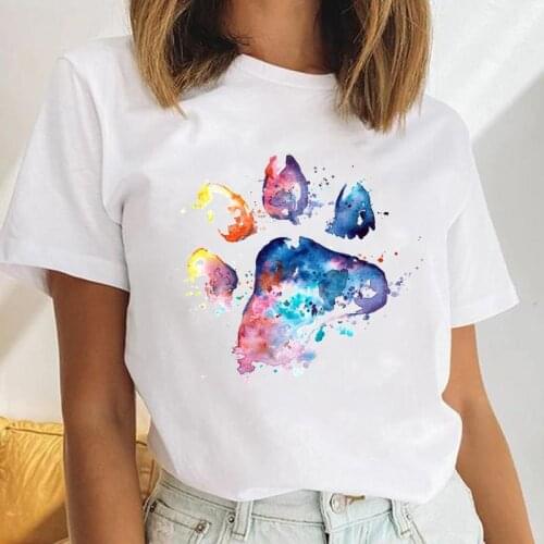 Women Dog Paw Space Watercolor Love Dog Animal Female Short Sleeve Cartoon Clothes Tops Print Ladies Tees Tshirt Graphic T-Shirt